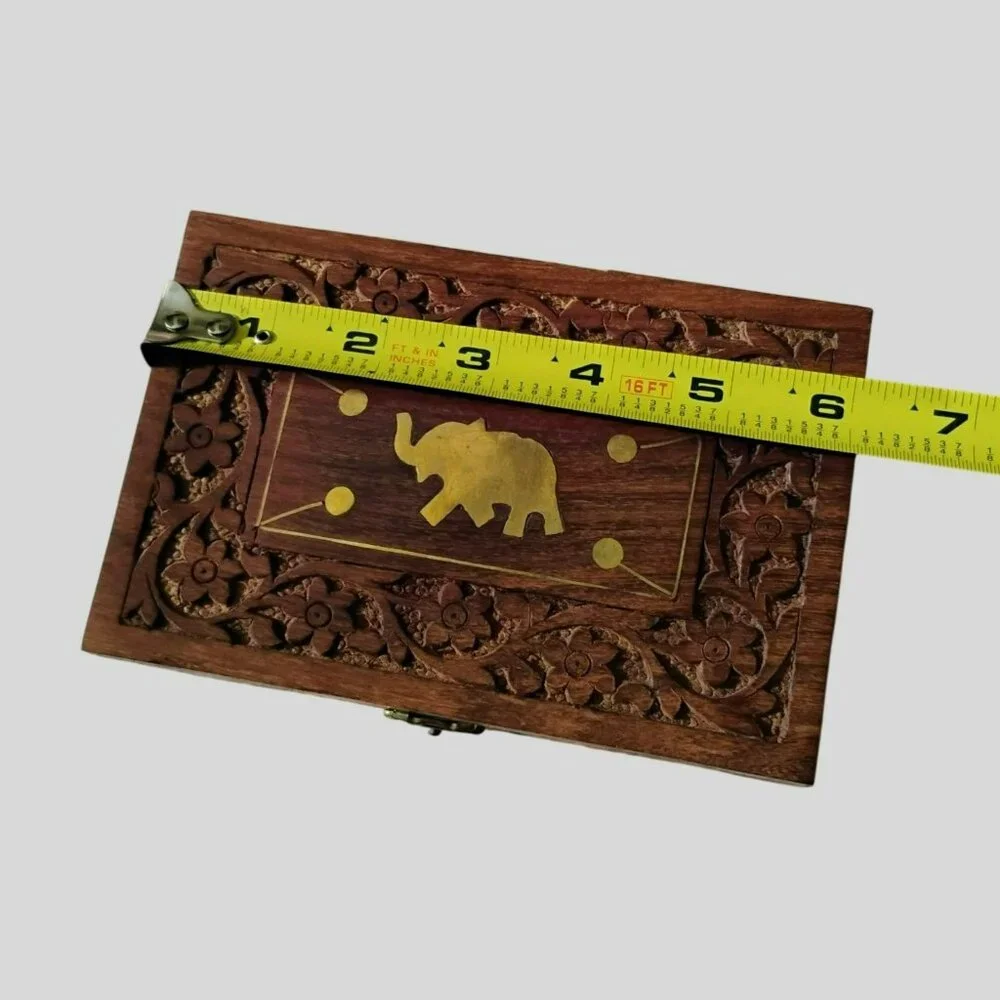 Hand-Carved Wooden Jewelry Box With Brass Elephant Inlay & Red Velvet Lining